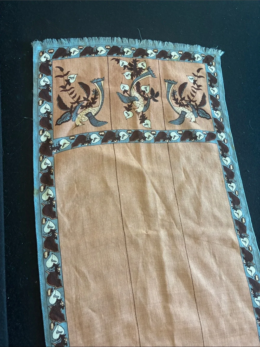 Vintage Long Linen Brown and Blue Bird Motif Scarf
